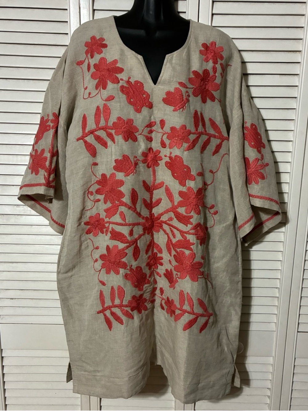 Sister Mary lined Embroidered Floral Tunic in Coral on Natural